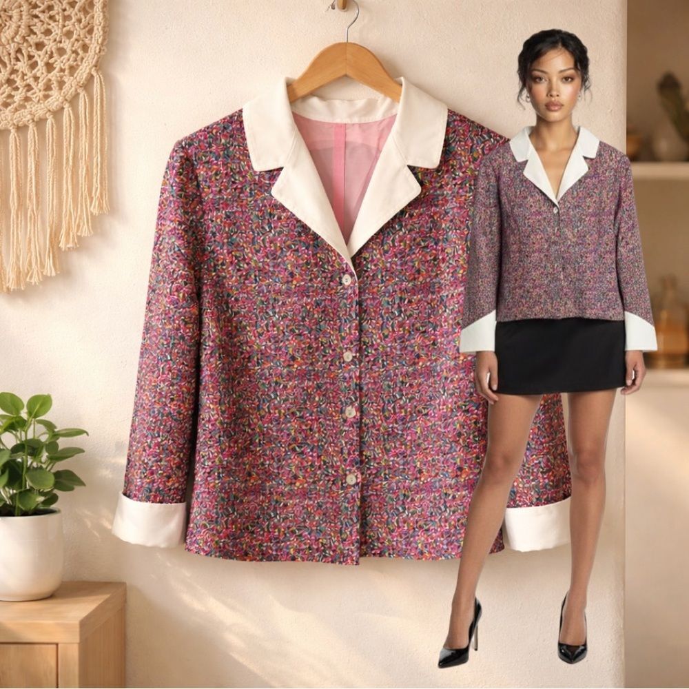 🛍️ Women's Vintage Multicolor Pink Faux silk Collar Button Up Top Blouse Sz Med